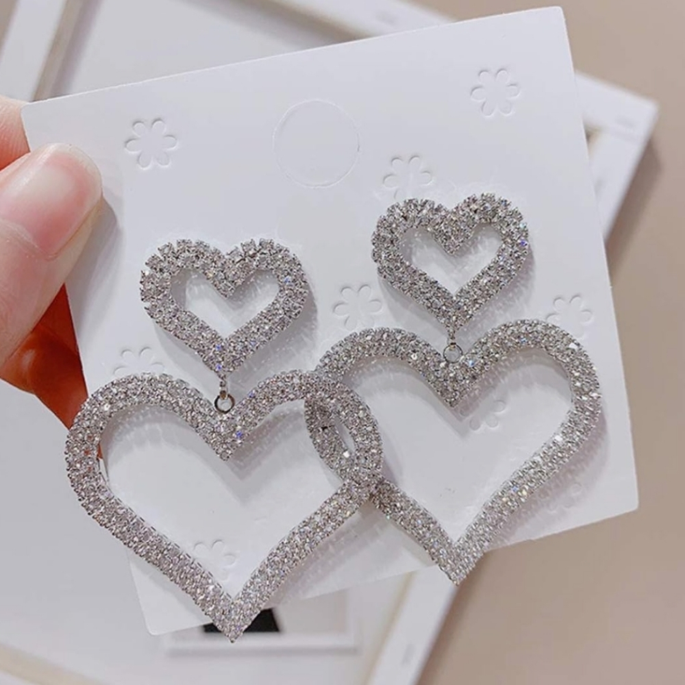 Rhinestone Heart Drop Earrings Statement Earrings Gold or Silver - Picture 6 of 13